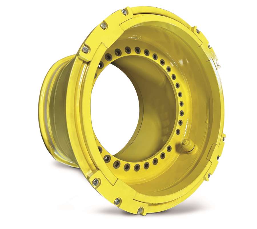 OTR Engineered Solutions has introduced a three-piece 32 in. wheel to make changing modern heavy-equipment tires less time consuming. (Illustration: OTR)
